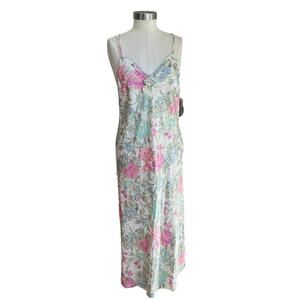 VTG Deadstock Jessica Lynn Collection Satin Green Pink Floral Slip Dress Sz L